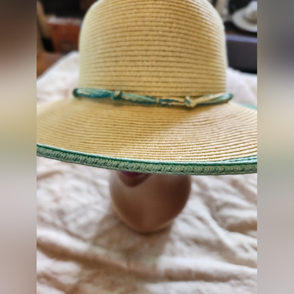 Stylish Sand Color Sun Hat with a Minty  Green Trim